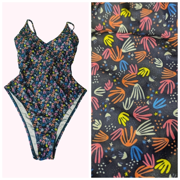 Highcut Lace Up One Piece (Tassel Tie Ends) Navy JellyFish "BirdFeet" Print NWOT - Picture 1 of 9